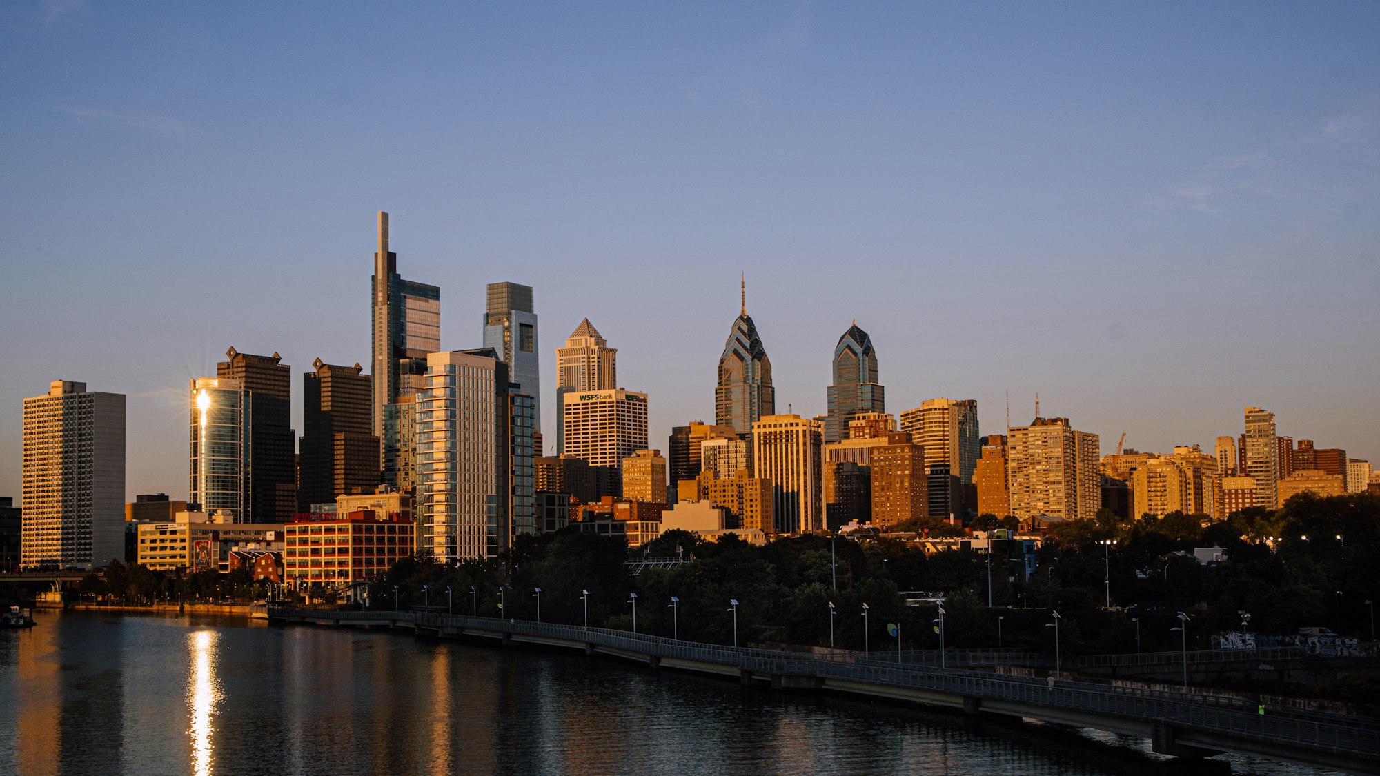 Philadelphia skyline at dusk seen across the river